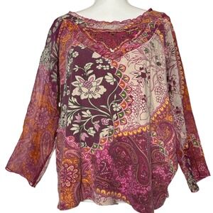 Caribbean‎ Joe Womens Multicolor Blouse Top Floral Paisley Gems Sheer Sleeve L